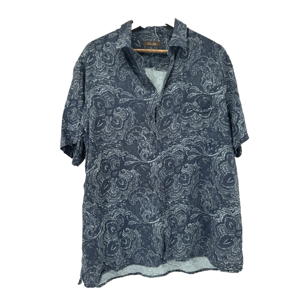 Tasso‎ Elba Shirt Mens Blue Paisley Short Sleeve Button Up Silk Blend Camp Flaw